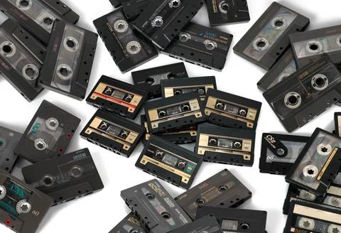 Stack of Tape casettes background. Top view close-up . Foto stock