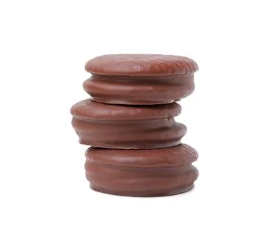 Stack of tasty choco pies isolated on white Stock Photos