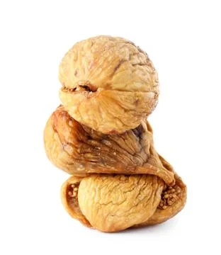 Stack of tasty dried figs on white background Foto stock