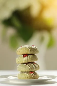 Stack of tasty homemade mint gingerbread cookies with matcha, decorated sub.. Stock Photos