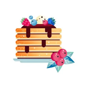 Stack of tasty pancakes topped with chocolate sauce, decorated with ball of ice Stock Illustration