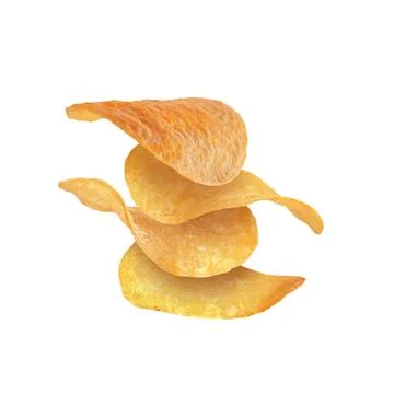 Stack of tasty potato chips falling on white background Stock Photos
