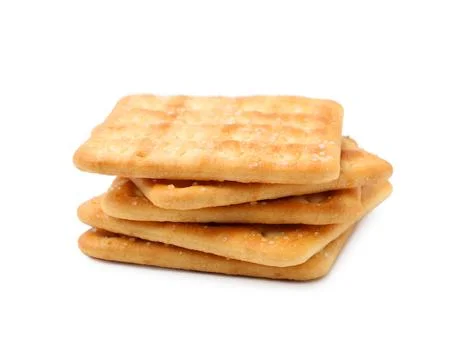 Stack of tasty salty crackers isolated on white 스톡 사진
