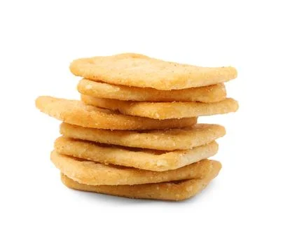 Stack of tasty salty crackers isolated on white 스톡 사진