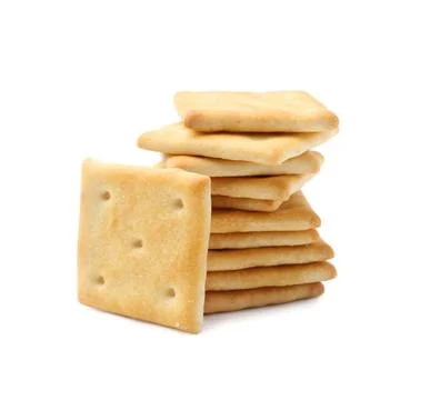 Stack of tasty salty crackers isolated on white 스톡 사진