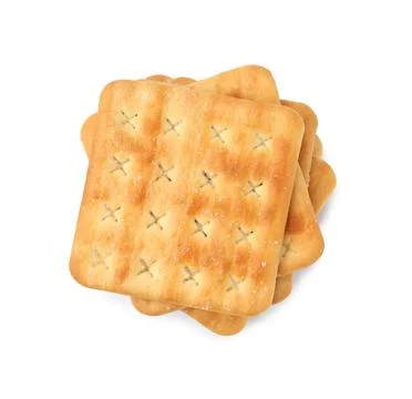 Stack of tasty salty crackers isolated on white, top view 스톡 사진