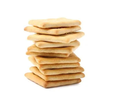 Stack of tasty salty crackers isolated on white 스톡 사진