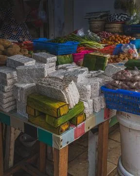 A stack of Tempe are available among some other food ingredients and vegeta.. Stock Photos