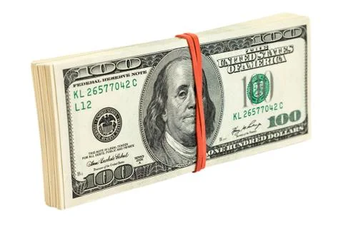 Stack of ten thousand dollar piles of one hundred dollar bills isolated on wh Stock Photos