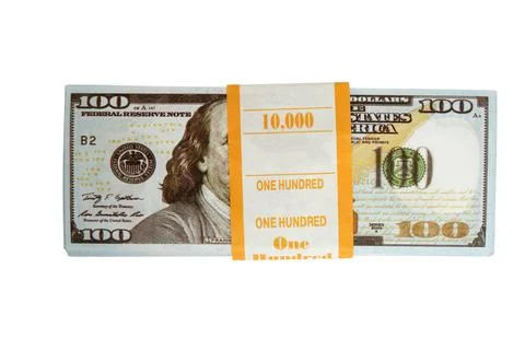 Stack of ten thousand US dollars wrapped in paper band. Bundle of one hundr.. Stock Photos