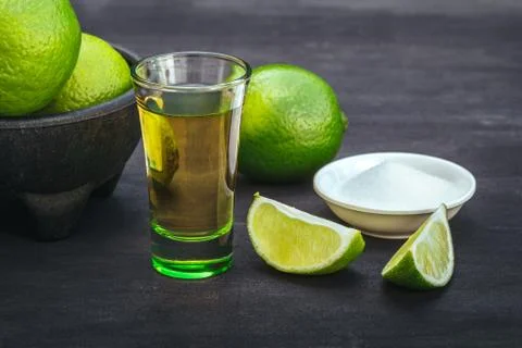 Stack of tequila with lime and salt Stock Photos