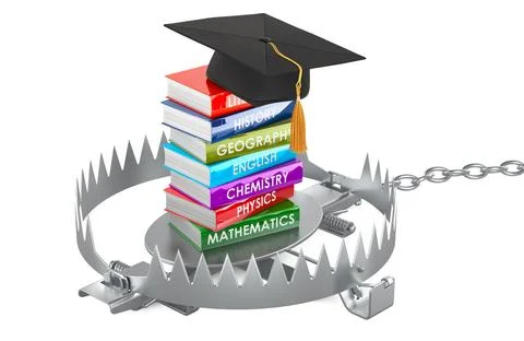 Stack of textbooks with graduation hat inside bear trap. 3D rendering Stock Illustration
