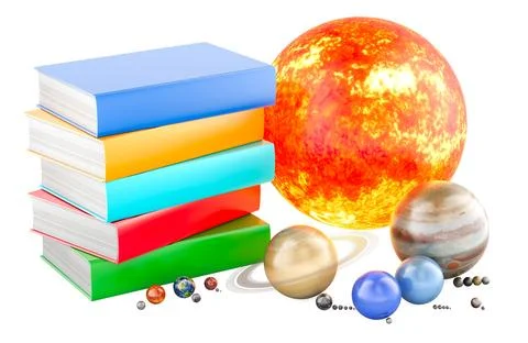 Stack of textbooks with Planets of Solar system and satellites. 3D rendering Illustrazione stock