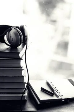A stack of textbooks on a table Foto stock