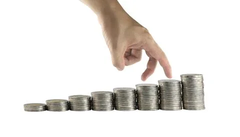 Stack of Thailand silver coin and hand gestures are walking. 스톡 사진