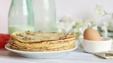 A stack of thin pancakes. Selective focus Stock Footage 234192927