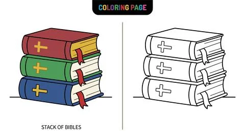 A stack of three Bibles in red, green, and blue, each featuring a golden cros Stock Illustration