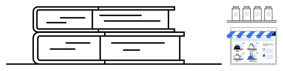 Stack of three books accompanied by a digital interface with storefront icons Illustrazione stock
