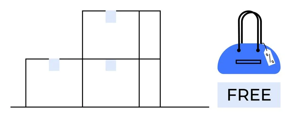 Stack of three boxes next to blue handbag labeled Free. Ideal for ecommerce,  Illustrazione stock