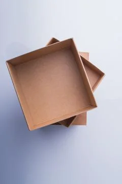Stack of three cardboard boxes, top view. Stockfoto's
