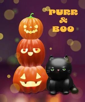 A stack of three carved pumpkins and black cat Stock Illustration