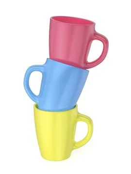 Stack of three colorful ceramic mugs Illustrazione stock