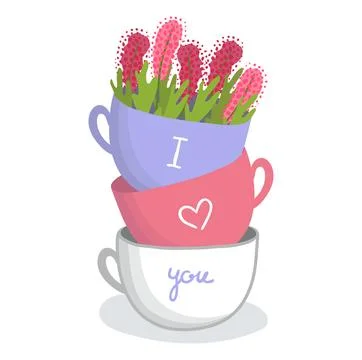 Stack of three colorful teacups with heart symbols and flowers. I love you Stock Illustration