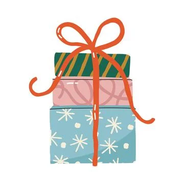Stack of three gift boxes with patterns and red ribbon bow for christmas ce.. Stock Illustration