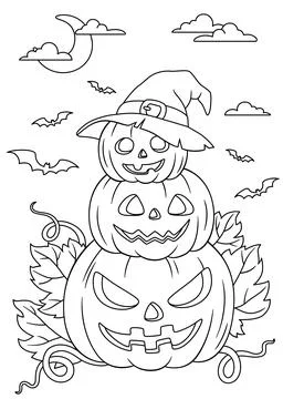 Stack of three Halloween pumpkins with witch hat and leaves standing on top Stock Illustration