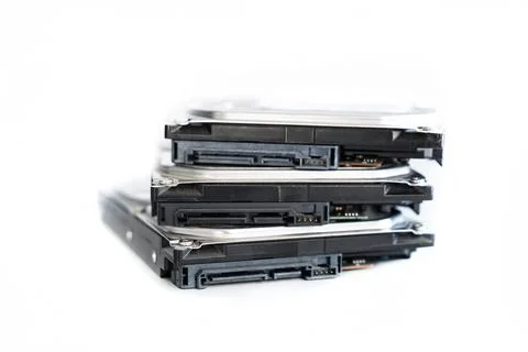 Stack of three hdd disks data storage on white isolated background Foto stock