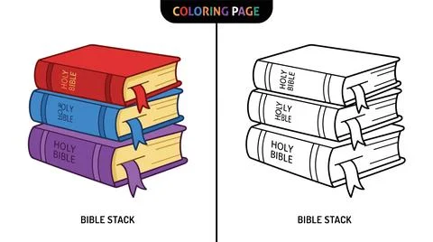 Stack of three Holy Bible books, one colored and one outline version for colo Ilustración de archivo