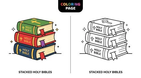 Stack of three Holy Bibles with colorful covers and a black and white outline Stock Illustration
