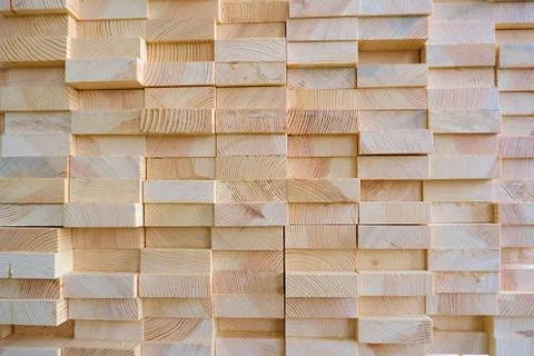 Stack of three-layer wooden glued laminated timber beams from pine finger joi 스톡 사진