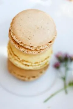 Stack of three macarons, elevated view 스톡 사진