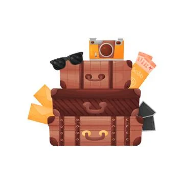 Stack of three old brown closed suitcases. Vector illustration on white Stock Illustration