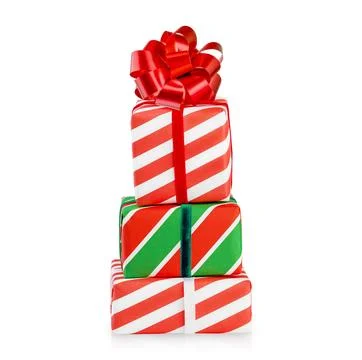 Stack of three red and green gift boxes with red ribbons and bow isolated on  Stock Photos
