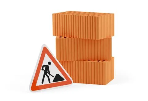Stack of three red brick stones with two single bricks in front and road cons Stock Illustration