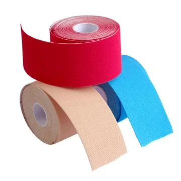 Stack of three rolls kinesiology tape for athletes isolated on white background. Stock Photos