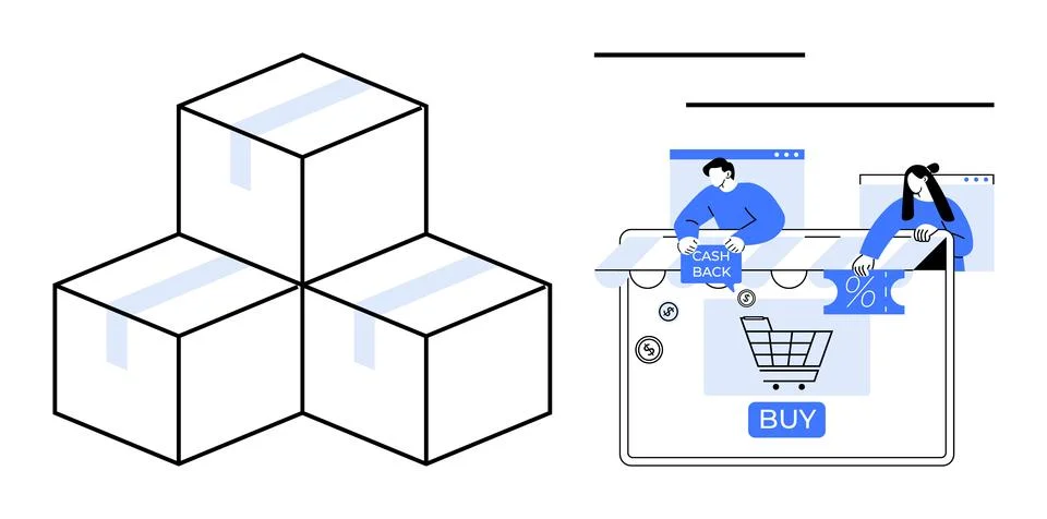 Stack of three sealed boxes beside an online shopping interface including cas Illustrazione stock