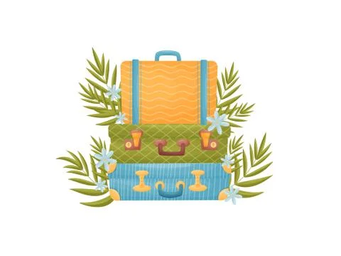 Stack of three suitcases of different colors. Vector illustration on white Stock Illustration
