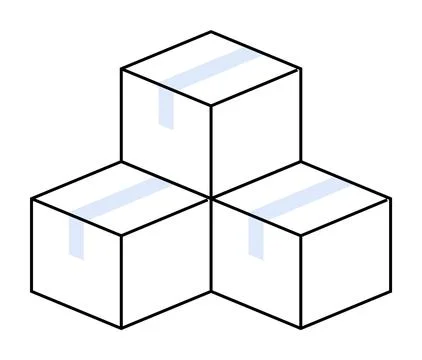 A stack of three white boxes, each sealed with blue tape. Ideal for themes li Illustrazione stock