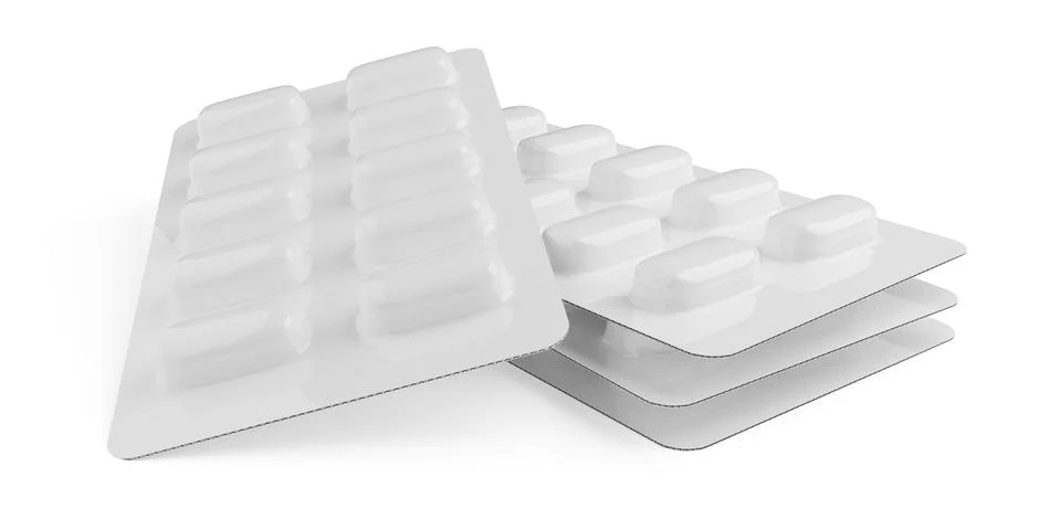 Stack of three white pill blister packs over white background with one pack.. 库存插图