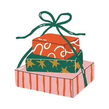 Stack of three wrapped present boxes bound together with a green ribbon bow Illustration