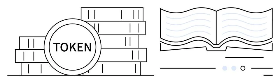 Stack of TOKEN-labeled coins next to an open book with lines representing tex イラスト素材