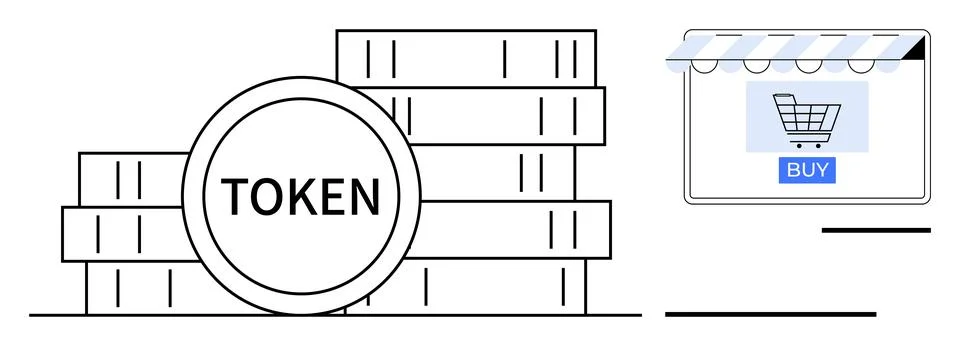 Stack of Tokens and Online Storefront Icon Indicating Digital Currency and .. Stock Illustration