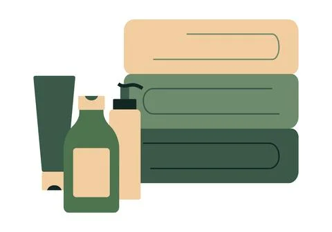A stack of towels and cosmetics. Shampoo, conditioner and gel. Hygiene products Stock Illustration