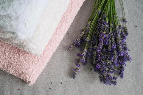 A stack of towels and lavender. The concept of protecting clothes from moths Stock Photos