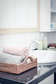 Stack of towels  in the bathroom Stock Photos