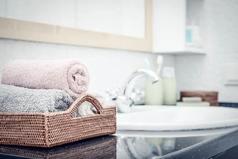 Stack of towels  in the bathroom Stock Photos