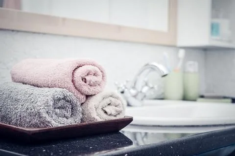 Stack of towels  in the bathroom Fotos Stock